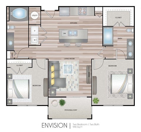 Floor plan for 2 beds, 2 baths, 990 sqft